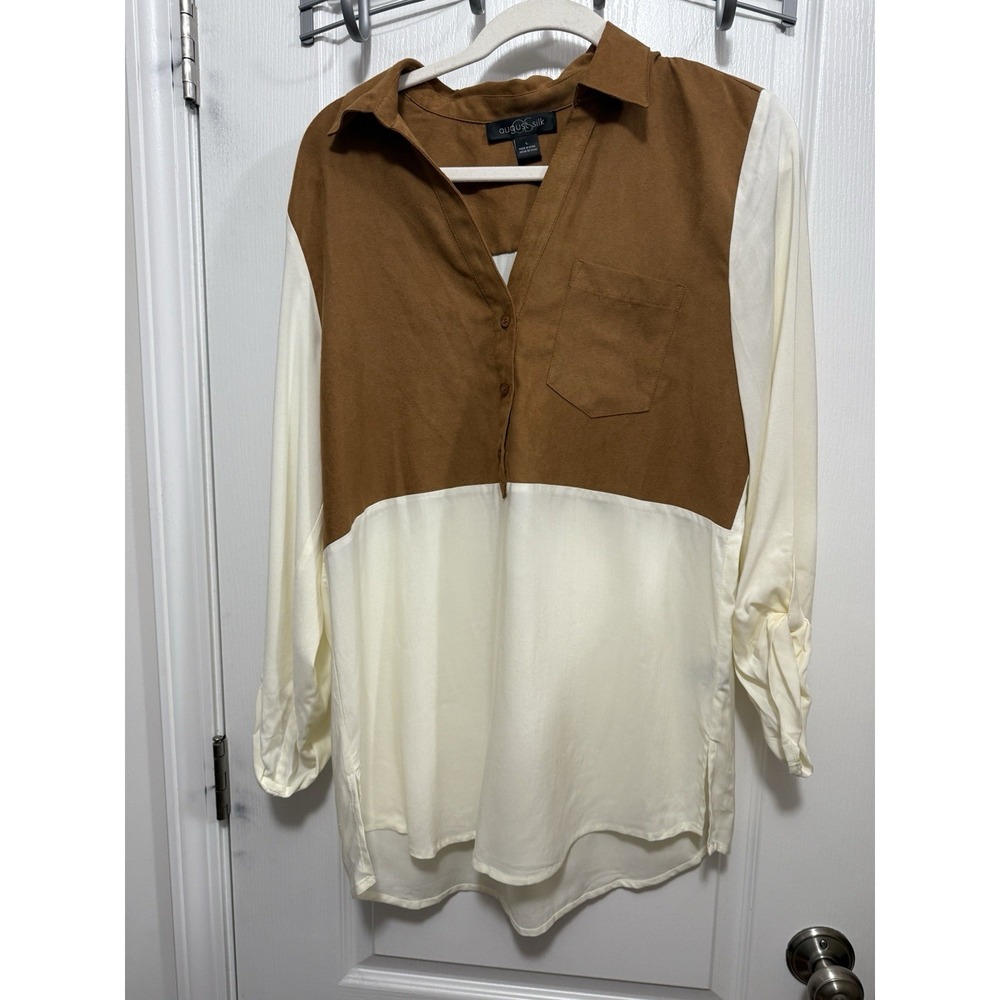 August Silk Women's L Blouse Brown Cream Faux Sued Western Neutral Career‎ Top